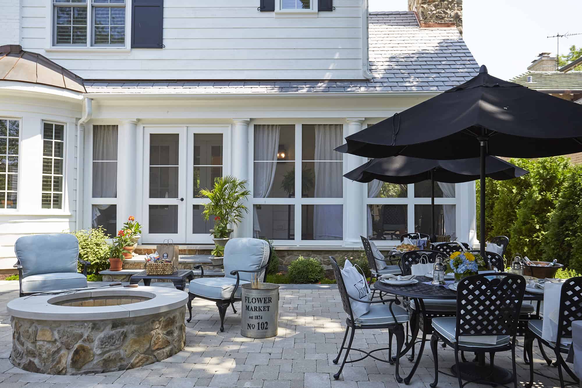 exterior patio space with firepit