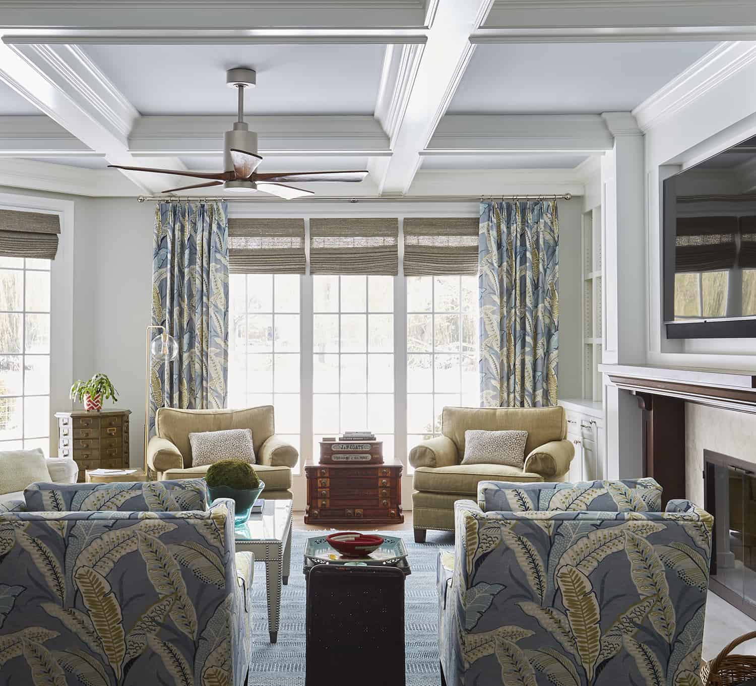 classic living room with coffered ceiling