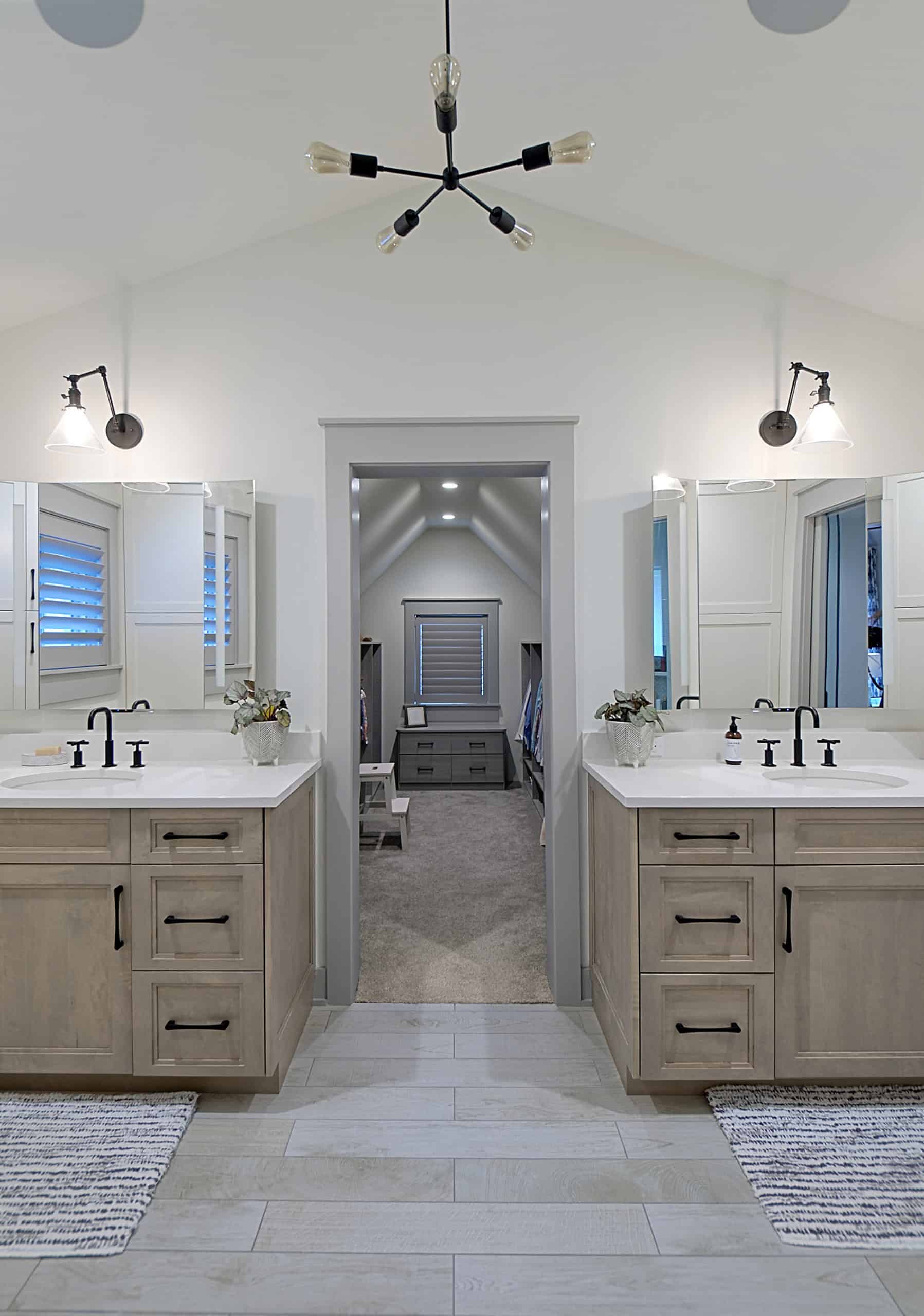 his and her sinks in light wood tones