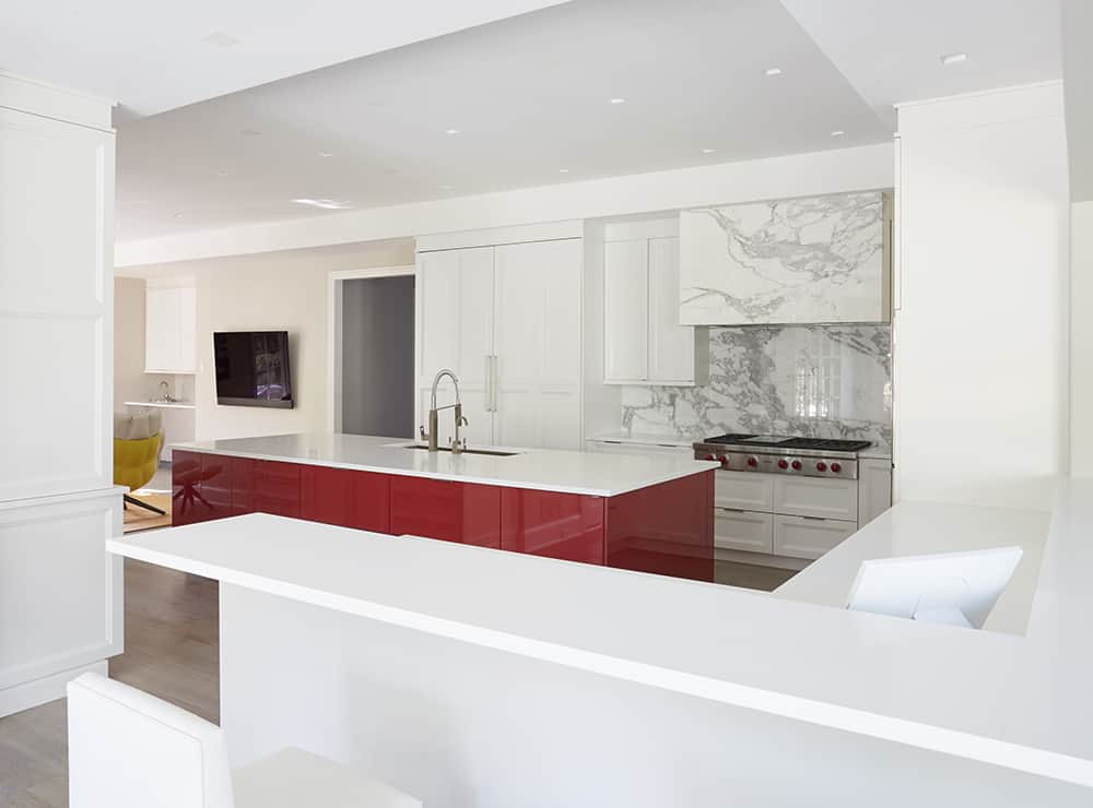 contemporary kitchen with red island