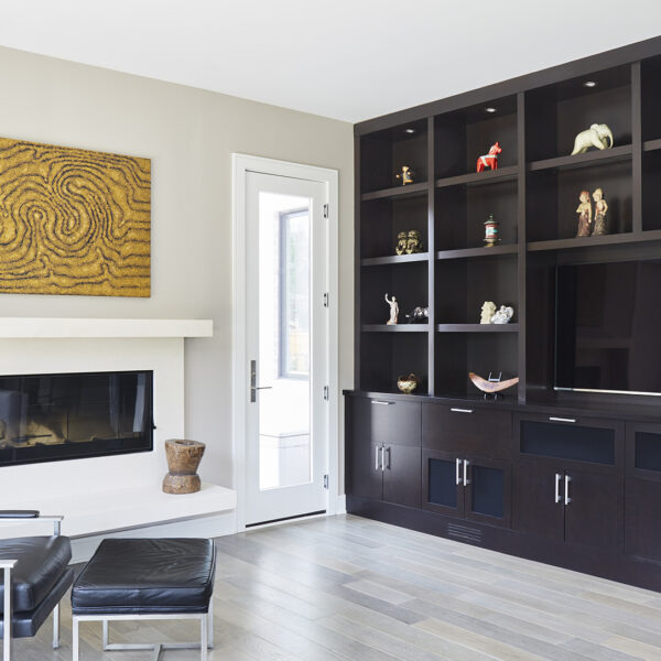 media wall in dark wood with white modern fireplace