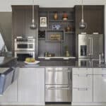 contemporary display cabinetry on oven wall
