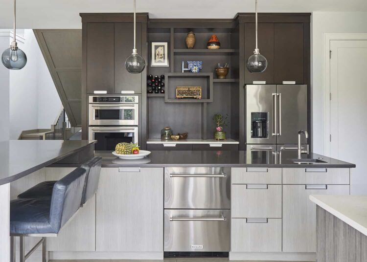 contemporary display cabinetry on oven wall