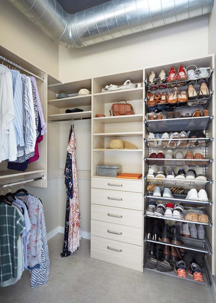 pull out shoe racks and open and closed storage in closet