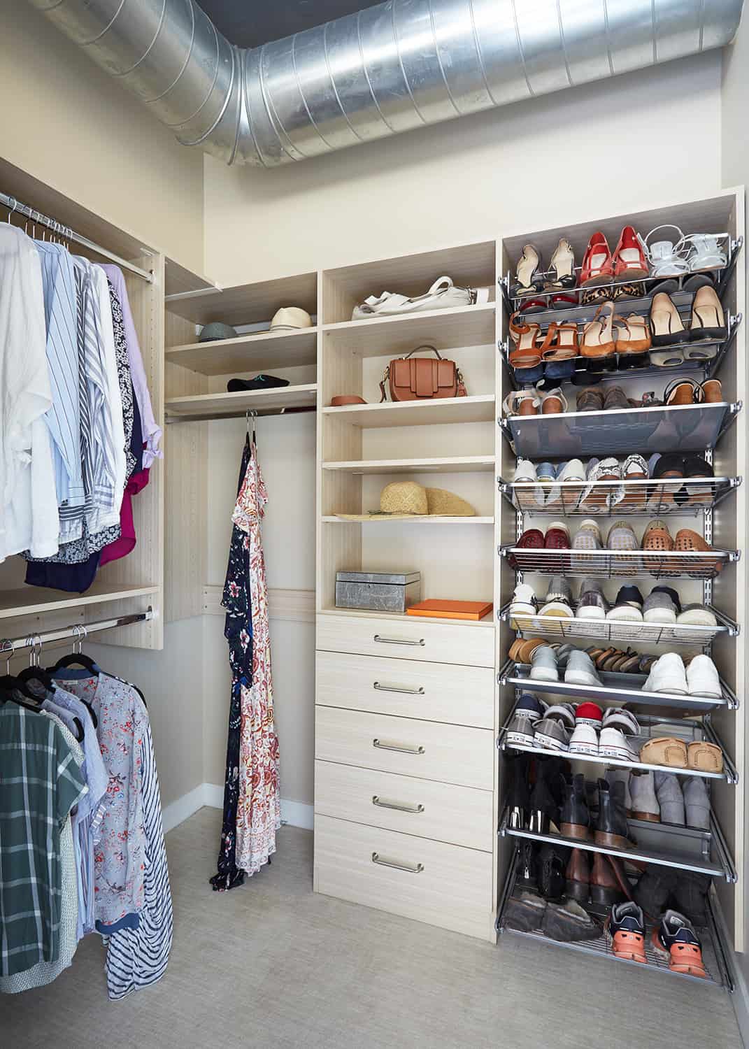 pull out shoe racks and open and closed storage in closet