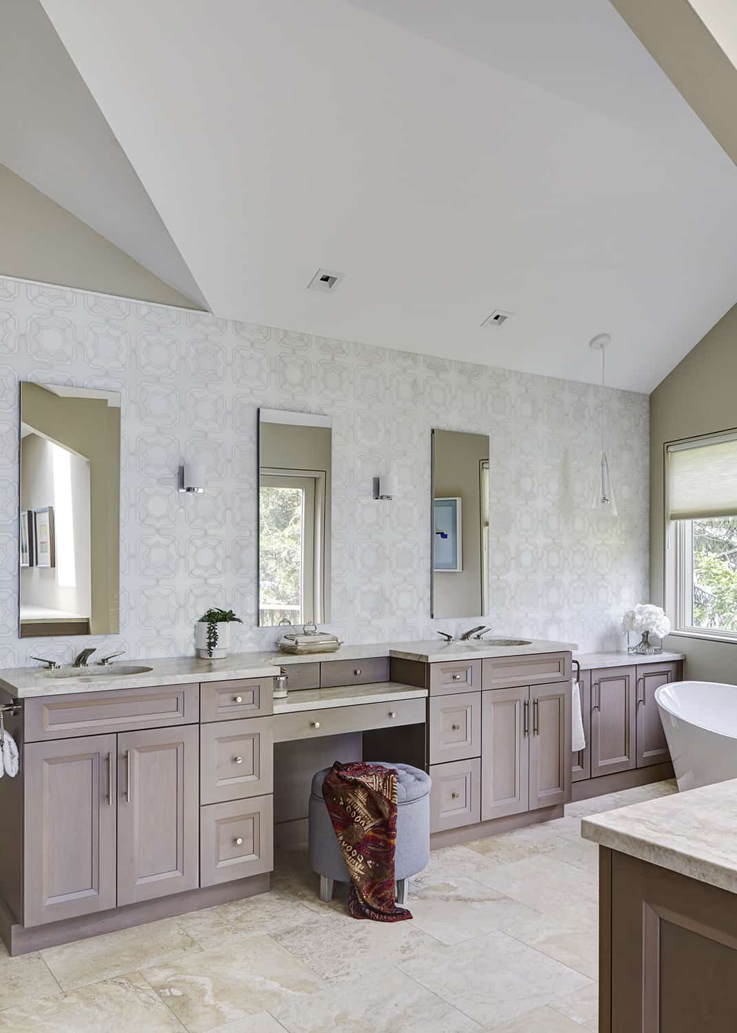 his and her vanity with vaulted ceiling