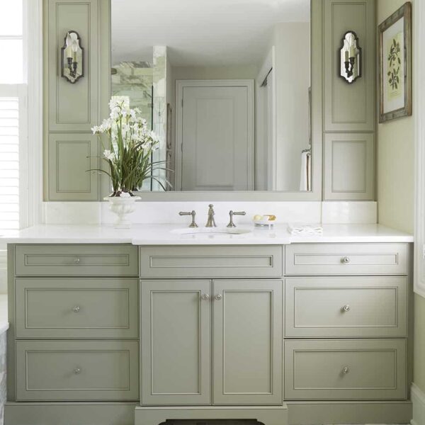 light-green-vanity-orren-pickell light green vanity cabinet with arched mirror