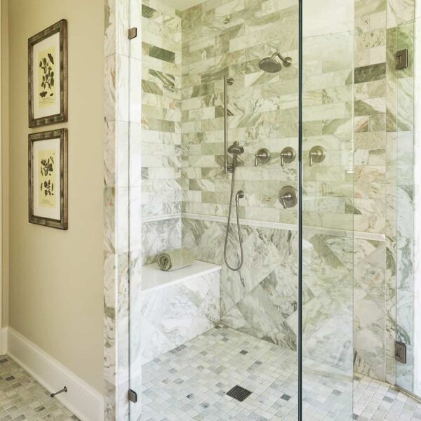 master-shower-lake-forest primary shower with green tiles