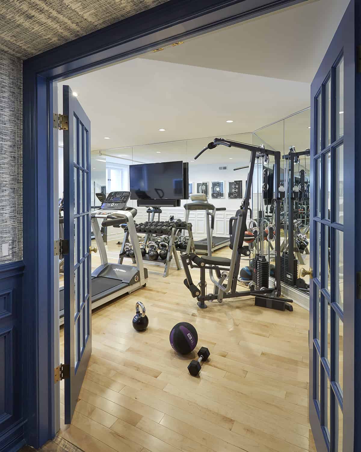 blue french doors to home gym