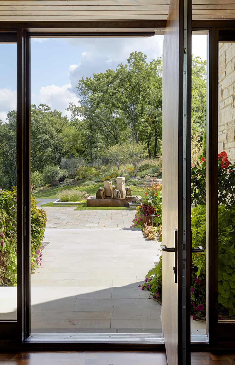 view of fountain from front door