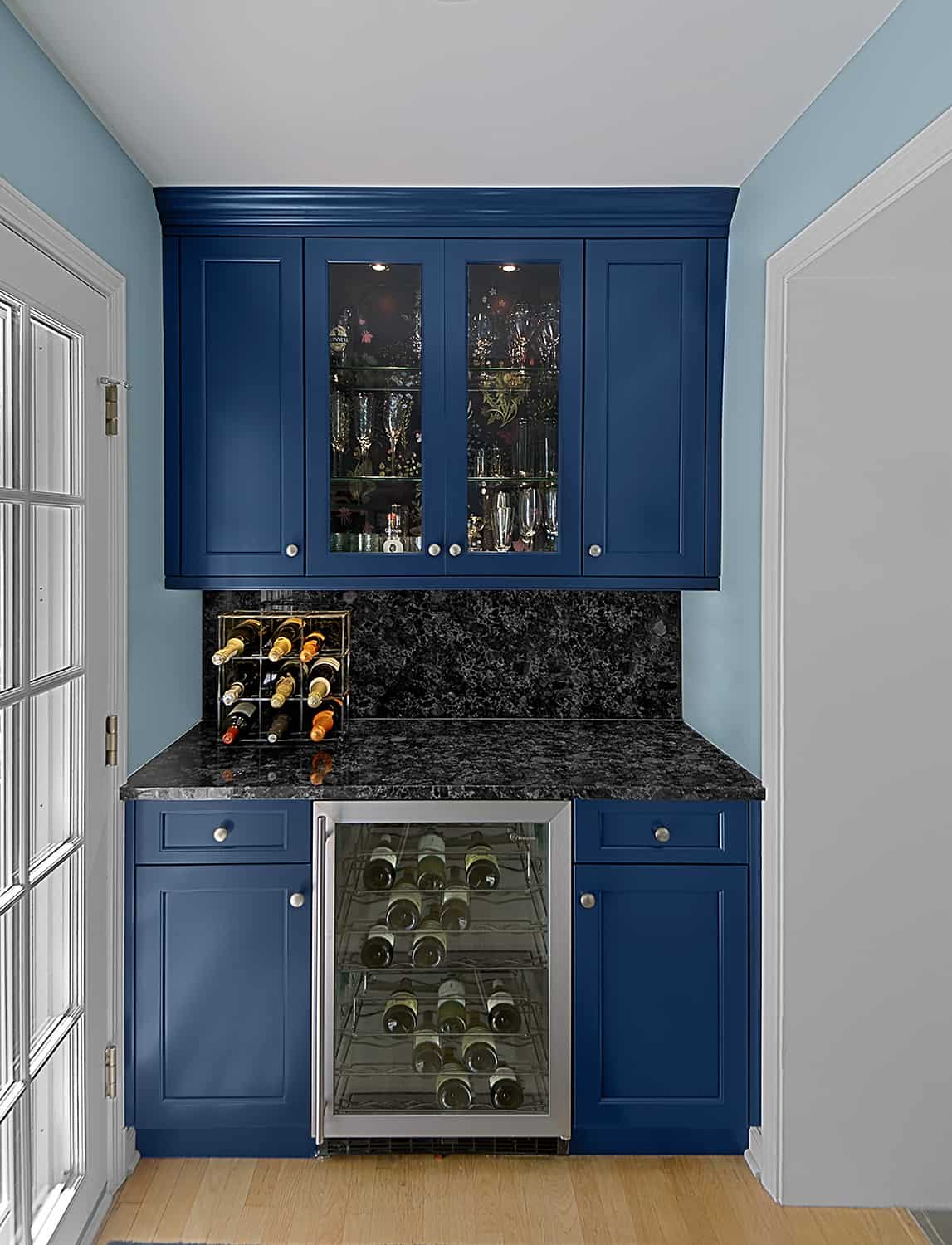 high gloss blue bar cabinet