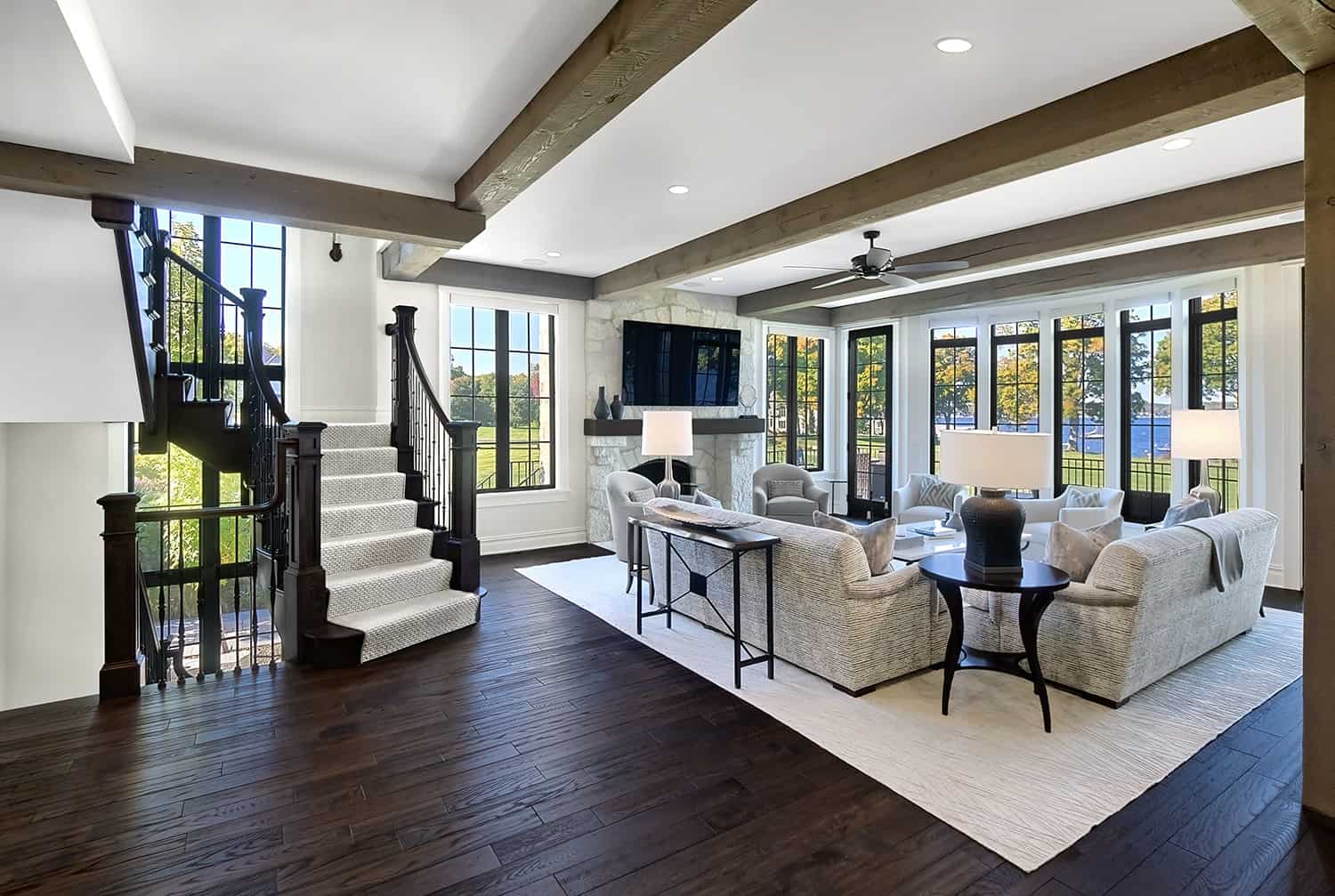 great room with dark wood floors