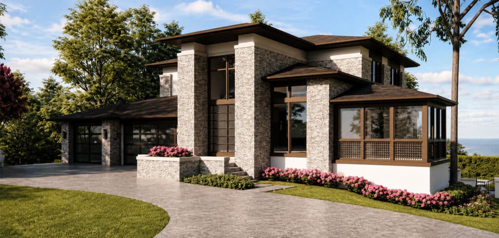 New Buffalo Modern Prairie Residence | Luxury Custom Home by Orren Pickell Front elevation of a luxury Modern Prairie custom home in New Buffalo, Michigan featuring natural stone, expansive windows, warm wood accents, and contemporary architecture.