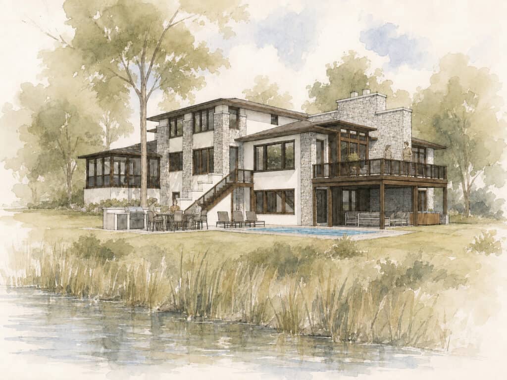 New Buffalo Modern Prairie – Rear Elevation & Outdoor Living | Orren Pickell Rear elevation of a luxury Modern Prairie custom home in New Buffalo, Michigan featuring expansive decks, natural stone, outdoor living spaces, and waterfront views.