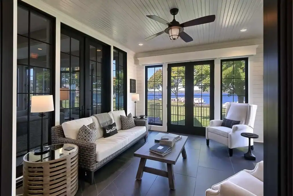 picture of a sunroom with black framed windows and lake view