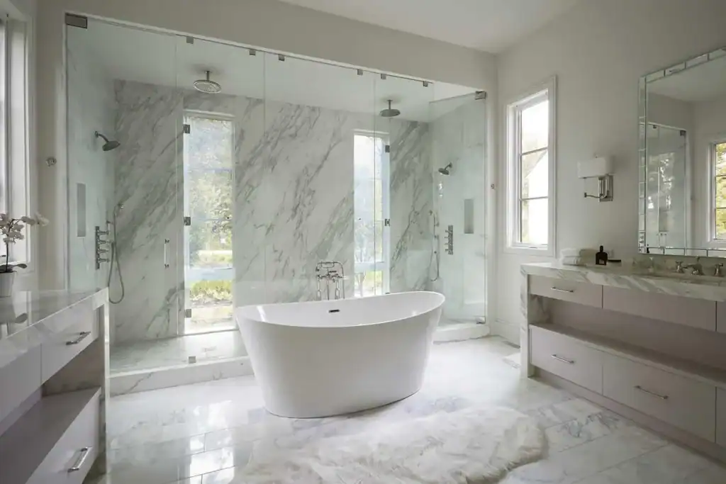 picture of a white freestanding tub with a glass shower enclosure